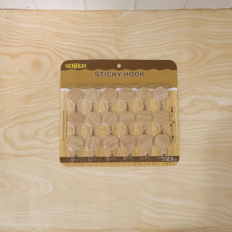 Self Adhesive Wall Hooks Strong Sticky Wooden Look Hanger No Drill (18 Pc)