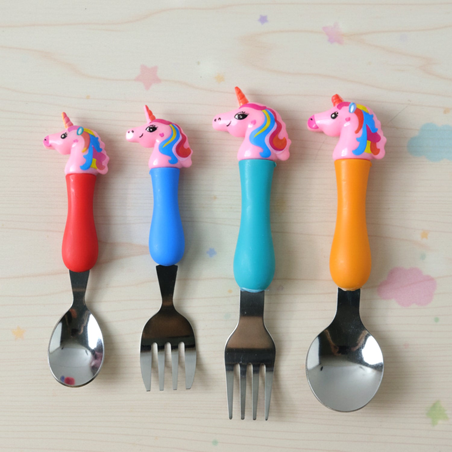Unicorn Theme Kids Spoon And Fork With Plastic Handle Set (4 Pc Set)