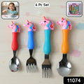 Unicorn Theme Kids Spoon And Fork With Plastic Handle Set (4 Pc Set)