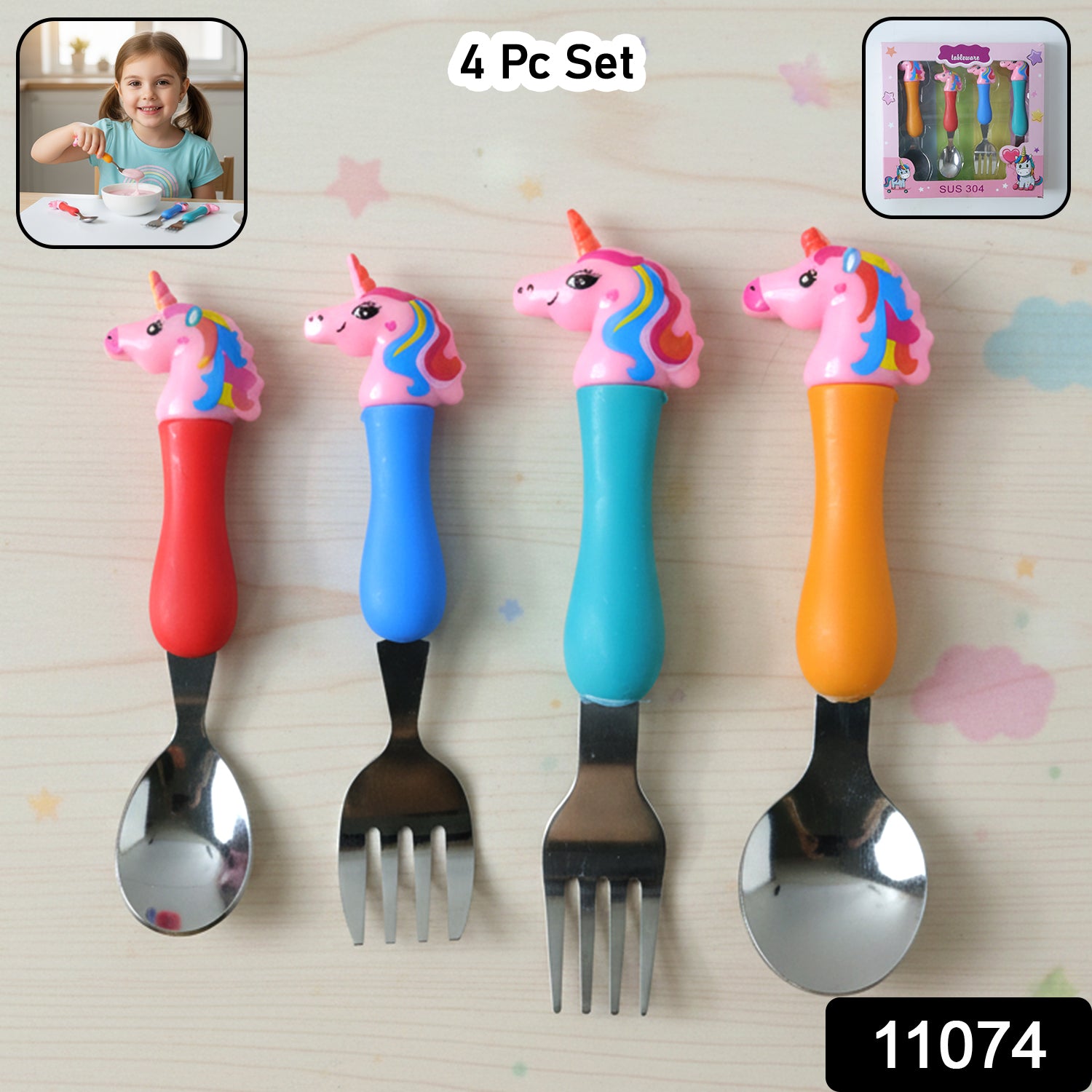 Unicorn Theme Kids Spoon And Fork With Plastic Handle Set (4 Pc Set)
