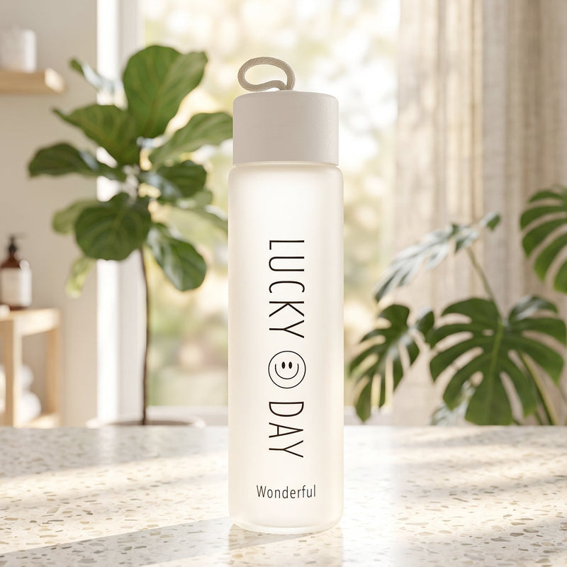 350 Ml Frosted Glass Water Bottle Lucky Day Print For Office Travel (1 Pc)