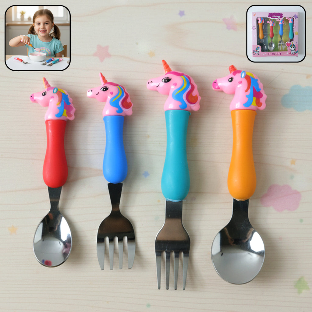 Unicorn Theme Kids Spoon And Fork With Plastic Handle Set (4 Pc Set)