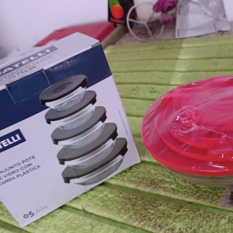 Modern Glass Bowl Set Mixing  Storage Bowls With Red Lids (5 Pcs Set)