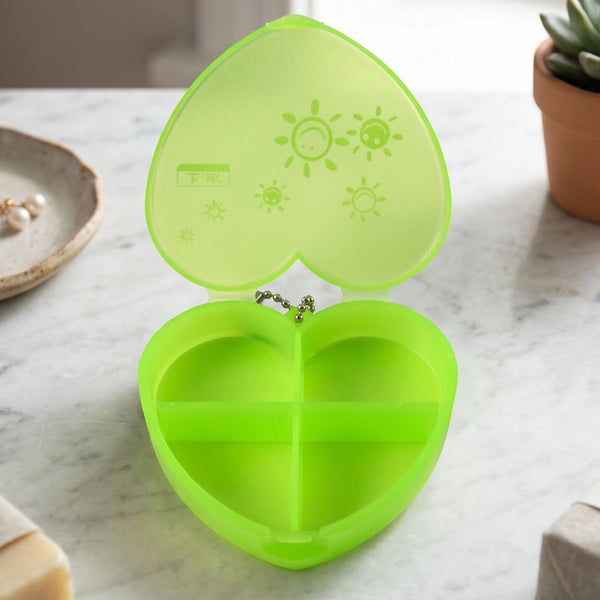 4 Compartment Heart Shape Plastic Pill Organizer Box With Keychain (1 Pc)